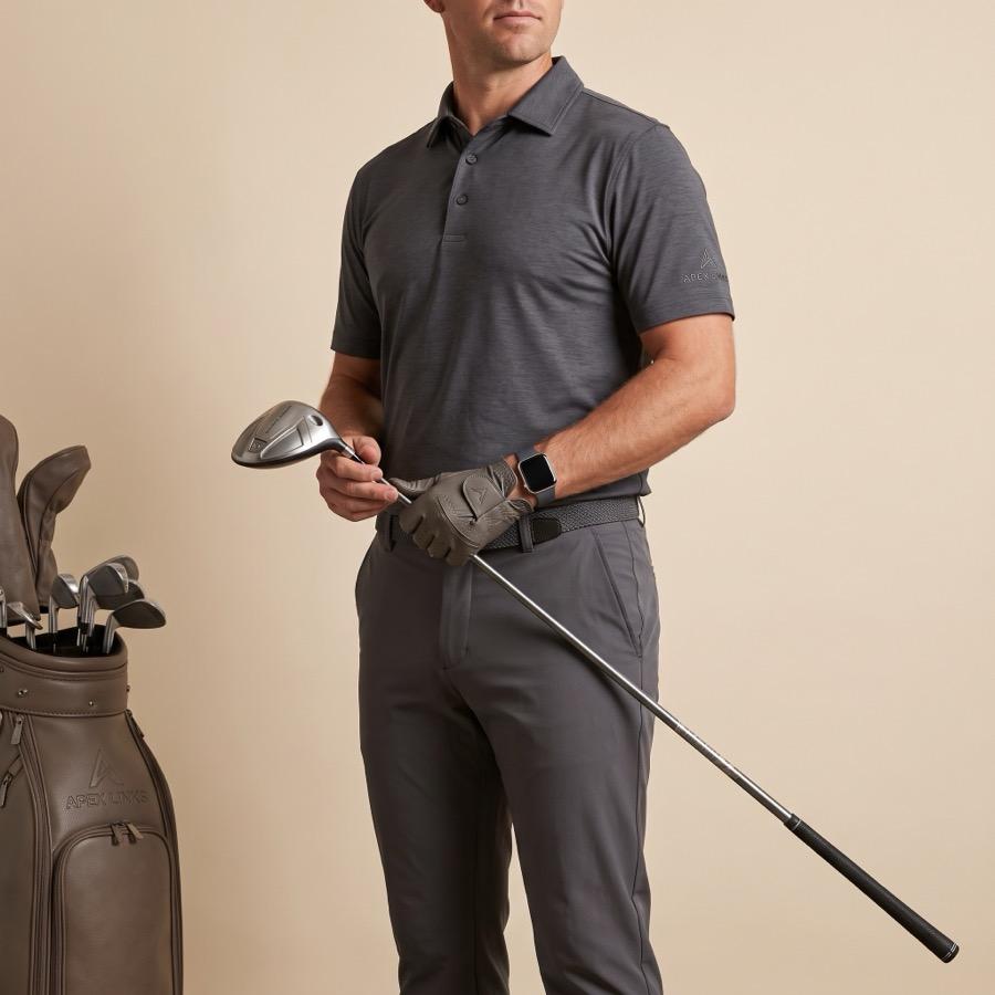 Golfer holding a club beside a golf bag